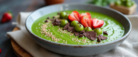 This delightful smoothie bowl bursts with vibrant green hues, adorned with luscious strawberries, tart green apples, and rich chocolate pieces. The artistic arrangement of toppings creates a feast for the eyes, inviting health enthusiasts to indulge in a nutritious and delicious treat.の素材