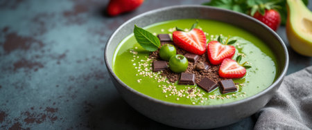 A deliciously vibrant green smoothie bowl is artfully garnished with fresh strawberries, chocolate squares, and a sprinkle of sesame seeds. This visually appealing dish combines health and indulgence, inviting viewers to savor the delightful blend of flavors and textures.の素材