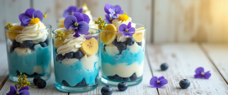 Three elegant dessert cups showcase a delightful layering of creamy textures, fresh blueberries, and banana slices, all beautifully topped with edible flowers. This visually stunning treat is perfect for celebrations, evoking a sense of joy and indulgence with its colorful presentation and fresh flavors.の素材