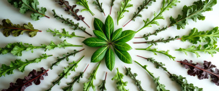 A stunning display of vibrant green leaves radiates outward, creating a captivating floral pattern. This artistic composition showcases the beauty of nature, highlighting the rich textures and colors of various leafy greens, perfect for culinary or wellness themes.の素材