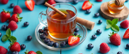 A steaming cup of herbal tea sits elegantly on a glass plate, surrounded by a vibrant array of strawberries, blueberries, and raspberries. This inviting scene bursts with color and freshness, evoking a sense of warmth and comfort, perfect for a cozy afternoon.の素材