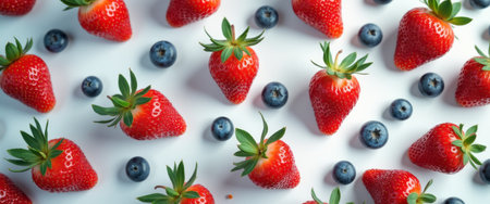 A delightful arrangement of ripe strawberries and plump blueberries creates a vibrant and appetizing scene. The vivid red of the strawberries contrasts beautifully with the deep blue of the blueberries, evoking a sense of freshness and healthiness that is perfect for summer dishes or desserts.の素材