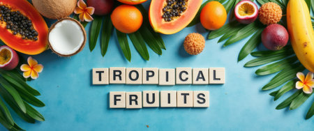 A vibrant display of tropical fruits, including papaya, oranges, and bananas, is beautifully arranged on a blue background. The scene is enhanced by lush green leaves and delicate flowers, creating a refreshing and inviting atmosphere that celebrates the essence of tropical paradise.の素材