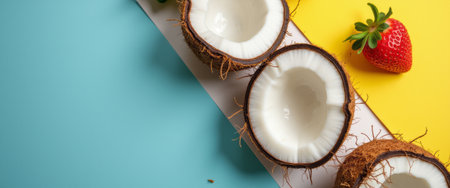 Three halved coconuts reveal their creamy white flesh, beautifully contrasted against a bright yellow and turquoise backdrop. A ripe strawberry adds a pop of red, creating a refreshing tropical vibe that evokes feelings of summer and indulgence.の素材