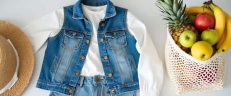 A trendy denim vest and matching shorts are artfully arranged alongside a colorful basket brimming with fresh fruits. This lively composition radiates a sense of summer fun and healthy living, inviting viewers to embrace a vibrant lifestyle filled with style and nourishment.の素材