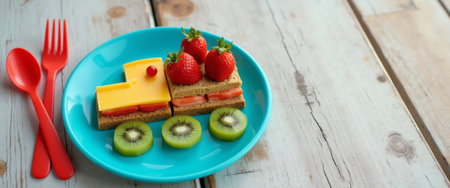 A vibrant turquoise plate showcases a whimsical dessert featuring sandwich slices adorned with fresh strawberries and kiwi. This delightful treat combines playful presentation with a burst of fruity flavors, perfect for kids and the young at heart.の素材