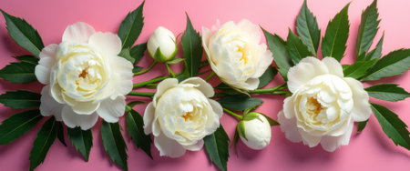 A stunning arrangement of white peonies, accompanied by delicate green leaves, creates a serene and elegant composition against a soft pink backdrop. This floral display exudes freshness and beauty, perfect for evoking feelings of love and tranquility in any setting.の素材