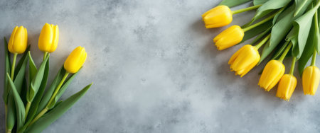 A stunning display of vibrant yellow tulips is artfully positioned on a soft gray surface, creating a harmonious contrast. The fresh blooms evoke feelings of joy and renewal, perfect for celebrating new beginnings or brightening any space.の素材