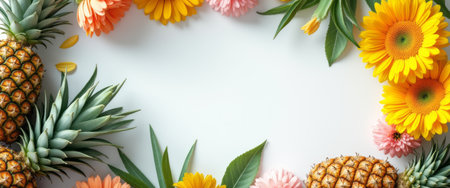 A stunning arrangement of fresh pineapples and bright flowers creates a lively border against a clean white backdrop. This vibrant composition radiates joy and freshness, perfect for summer-themed designs or celebrations.の素材
