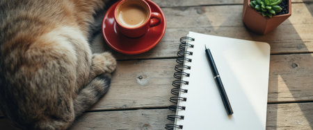 A serene workspace features a fluffy cat curled up beside a steaming cup of coffee and an open notebook, inviting creativity. The warm wooden table adds a rustic charm, while a small succulent plant brings a touch of nature to this tranquil setting.の素材