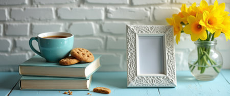 A charming scene featuring a turquoise coffee cup beside a stack of books, accompanied by delicious cookies and a vase of bright daffodils. This inviting setup evokes warmth and tranquility, perfect for a relaxing afternoon filled with reading and indulgence.の素材