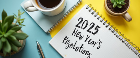 A stylish flat lay featuring a notebook with 2025 New Years Resolutions written in bold, inviting letters, accompanied by a warm cup of coffee and vibrant green plants. This image captures the essence of fresh beginnings and personal growth, inspiring viewers to reflect on their goals for the upcoming year.の素材