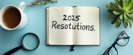 An open notebook on a serene blue background features the bold title 2025 Resolutions, inviting personal reflection and goal-setting. Surrounding the notebook are a cup of coffee, a magnifying glass, and a succulent plant, creating a cozy and motivating workspace atmosphere.の素材