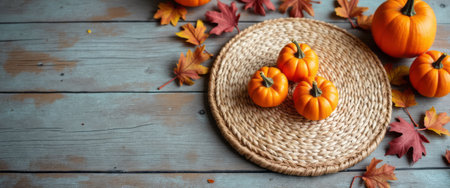A delightful display of small orange pumpkins rests on a woven placemat, surrounded by vibrant autumn leaves. This cozy scene captures the essence of fall, inviting warmth and nostalgia as nature transitions into a colorful tapestry of seasonal beauty.の素材