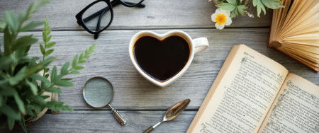 A charming heart-shaped coffee cup filled with rich black coffee sits on a weathered wooden table, surrounded by a cozy atmosphere. Nearby, an open book, a magnifying glass, and a small potted plant create a serene setting perfect for relaxation and reflection.の素材