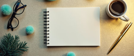 A serene workspace features a blank spiral notebook, a steaming cup of coffee, and playful turquoise pom-poms, inviting creativity and inspiration. The warm lighting and natural elements create a cozy atmosphere, perfect for brainstorming or journaling.の素材
