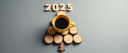 A cheerful yellow coffee cup sits atop a creative arrangement of wooden slices, forming a festive tree shape, with the year 2025 prominently displayed. This delightful composition evokes warmth and celebration, perfect for welcoming the New Year with cozy vibes and a touch of creativity.の素材