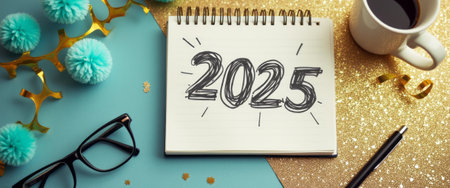 A stylish flat lay captures a festive New Yearâs scene featuring the year 2025 boldly sketched on a notepad. Surrounded by playful decorations, including teal pom-poms, golden confetti, and a cozy coffee cup, this image radiates excitement and anticipation for the upcoming year.の素材