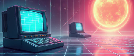 Two vintage computers with glowing screens sit on a reflective grid, illuminated by a vibrant, oversized sun in a surreal, neon landscape. This captivating scene blends nostalgia with a futuristic vibe, inviting viewers to explore the intersection of technology and imagination.の素材