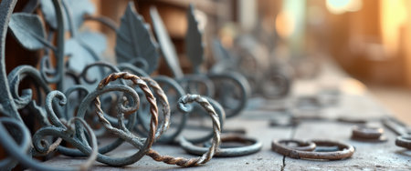 A stunning array of wrought iron pieces, featuring elegant swirls and leaf motifs, catches the golden light of sunset. This captivating scene highlights the artistry and craftsmanship of metalwork, inviting viewers to appreciate the beauty in intricate designs and textures.の素材