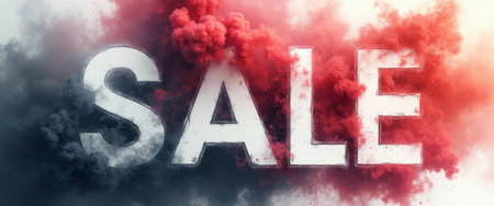 A bold SALE text emerges dramatically from a cloud of colorful smoke, blending shades of red and black. This striking visual captures attention, evoking excitement and urgency for shoppers eager to seize great deals.の素材
