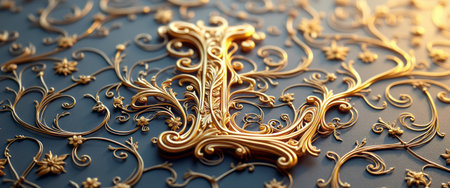An exquisite golden letter L stands out against a rich blue background, surrounded by delicate floral motifs. This stunning design combines elegance and artistry, making it perfect for branding or decorative purposes.の素材