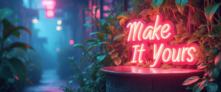 A vibrant neon sign reading Make It Yours illuminates a lush alleyway, surrounded by rich greenery and soft, atmospheric lighting. This captivating scene invites viewers to embrace creativity and personal expression in a dreamy, urban setting.の素材
