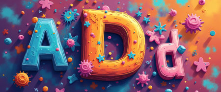 A vibrant and whimsical display of 3D letters spelling Add in bright colors, surrounded by playful stars and whimsical microbes. This lively composition bursts with energy and creativity, inviting viewers into a fun and imaginative world filled with color and joy.の素材