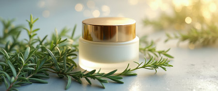A beautifully crafted skincare cream jar sits elegantly among vibrant rosemary sprigs, radiating a sense of luxury and natural beauty. The soft, warm lighting enhances the creamy texture of the product, inviting viewers to indulge in a pampering experience that combines nature and skincare.の素材