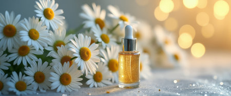 A glimmering skincare serum bottle rests elegantly among a bouquet of fresh daisies, creating a serene and inviting atmosphere. The soft bokeh in the background enhances the beauty of the scene, evoking feelings of freshness and rejuvenation.の素材