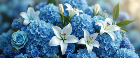 A breathtaking arrangement of blue hydrangeas and roses is beautifully complemented by elegant white lilies, creating a serene and harmonious floral display. This captivating bouquet radiates tranquility and elegance, perfect for any occasion that celebrates beauty and grace.の素材