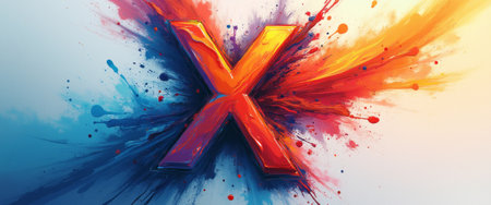 A striking letter X bursts forth from a vibrant explosion of colors, blending fiery reds and cool blues. This electrifying image captures the essence of creativity and energy, making it perfect for projects that demand attention and excitement.の素材