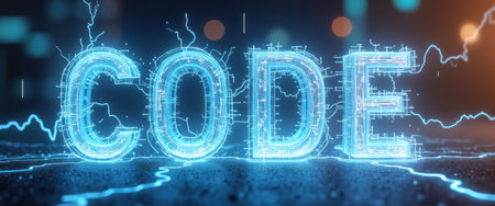 The striking word CODE glows in electric blue, surrounded by dynamic circuitry and vibrant sparks. This futuristic image captures the essence of technology and innovation, inviting viewers to explore the digital realm.の素材