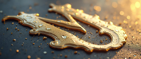 A stunning close-up of an ornate golden letter glistens with droplets of water, set against a dark, textured background. The interplay of light and shadow creates a luxurious atmosphere, evoking feelings of elegance and sophistication.の素材