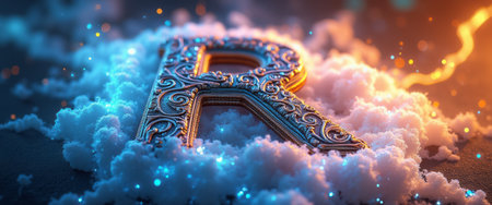 An intricately designed letter R stands out against a dreamy backdrop of fluffy snow, illuminated by a warm glow. This captivating image blends elegance and whimsy, inviting viewers to explore a magical world where creativity and winter wonder collide.の素材