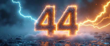 The striking number 44 radiates with vibrant sparks, surrounded by a mystical fog and illuminated by contrasting blue and orange lightning. This dynamic composition captures the essence of energy and excitement, perfect for celebrating milestones or events.の素材