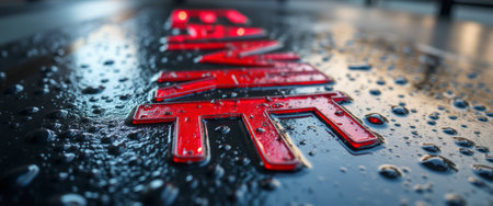 A striking close-up of vibrant red signage glistening under soft light, with droplets of water enhancing its allure. The image captures a moment of urban beauty, where the interplay of light and texture creates a captivating visual experience.の素材