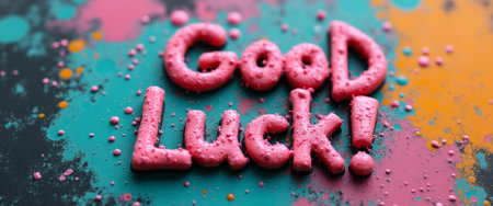A cheerful and colorful Good Luck message crafted from playful pink material stands out against a backdrop of splattered teal and orange paint. This lively composition radiates positivity and encouragement, perfect for celebrating new beginnings or wishing someone well.の素材
