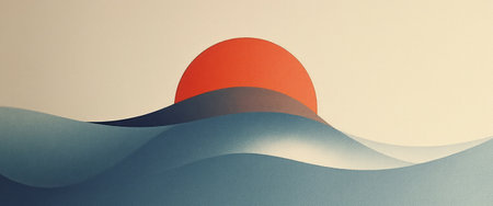 A stunning minimalist illustration captures a bold red sun rising above soft, undulating waves in soothing shades of blue. This serene composition evokes feelings of tranquility and calm, inviting viewers to immerse themselves in the beauty of natures simplicity.の素材