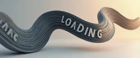 A sleek, flowing wave of stylized text spells out LOADING, creating a sense of motion and anticipation. The soft gradient background enhances the modern aesthetic, making it perfect for tech-related themes and digital interfaces.の素材