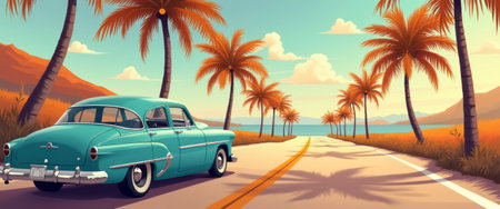 A stunning vintage turquoise car is parked on a sun-kissed coastal road, flanked by swaying palm trees and a serene ocean view. This idyllic scene captures the essence of a carefree summer getaway, evoking feelings of nostalgia and adventure under a vibrant blue sky.の素材