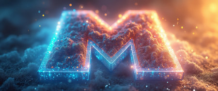 A stunning 3D representation of the letter M radiates with vibrant blue and orange hues, set against a dreamy, textured background. The glowing edges and sparkling particles create an enchanting ambiance, evoking a sense of wonder and creativity.の素材
