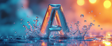 A stunning glass letter A emerges from a vibrant splash of water, creating a captivating visual spectacle. The interplay of light and color, with warm and cool tones, enhances the dynamic energy of the scene, evoking feelings of creativity and excitement.の素材