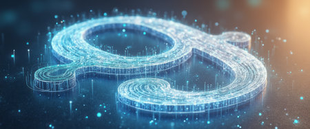 A stunning, illuminated symbol emerges from a dark background, crafted from shimmering particles that create a mesmerizing 3D effect. This captivating design evokes a sense of innovation and technology, perfect for digital themes and modern aesthetics.の素材