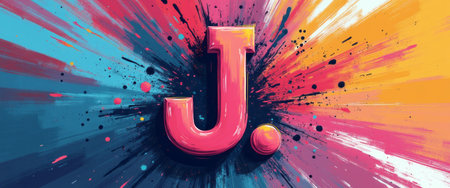 A bold and vibrant letter J bursts forth from a kaleidoscope of colors, creating an energetic and eye-catching visual. The striking contrast of pink, blue, and orange splashes evokes a sense of creativity and excitement, making it perfect for artistic projects or branding.の素材