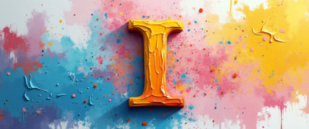 A striking, three-dimensional letter I in a bright orange hue stands out against a backdrop of colorful splashes in pink, blue, and yellow. This artistic composition radiates creativity and energy, inviting viewers to explore the significance of individuality and expression.の素材