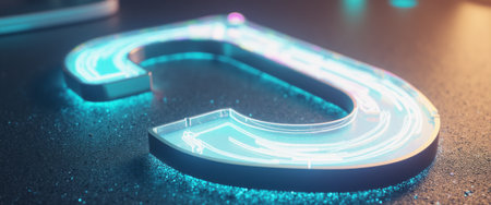 A sleek, illuminated letter C stands out against a dark, textured background, radiating vibrant neon hues. This captivating design embodies modern technology and creativity, inviting viewers into a digital realm filled with innovation and imagination.の素材