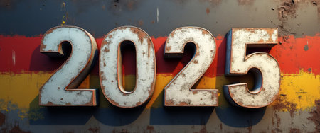 The bold, distressed numbers 2025 stand out against a textured, rusty background adorned with vibrant red and yellow stripes. This striking image captures the essence of times passage, evoking nostalgia and anticipation for the new year ahead.の素材
