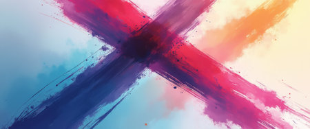 An energetic abstract design features a bold cross formed by sweeping strokes of pink, purple, and blue against a soft gradient background. This striking composition evokes a sense of movement and creativity, inviting viewers to explore the interplay of color and form.の素材