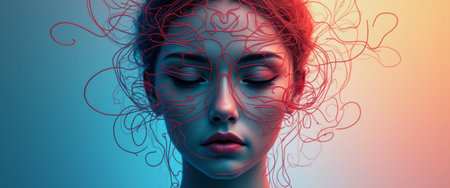 This captivating portrait features a serene woman with closed eyes, her hair intertwined with vibrant red lines that create a mesmerizing visual effect. The gradient background transitions from soft blue to warm orange, enhancing the dreamlike quality of the image and evoking a sense of tranquility and introspection.の素材